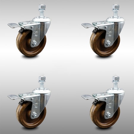Service Caster 4 Inch SS High Temp Phenolic 1/2 Inch Threaded Stem Caster Set Total Lock Brake SCC-SSTSTTL20S414-PHSHT-121315-4